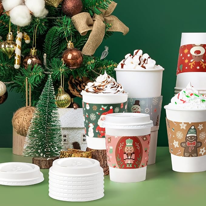 Fit Meal Prep 50 Pack 12 oz Christmas Disposable Coffee Cups with Lids, Sleeves, Leak-Proof To Go Coffee Cups with Lids, Durable Holiday Hot Paper Cups for Home, Office, Party, Business