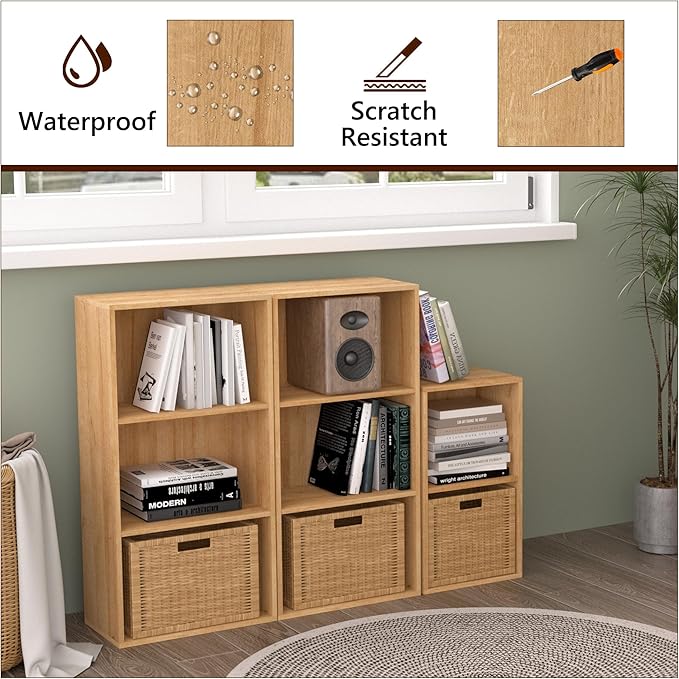 Wooden 5 Cube Storage Organizer, Oak 5 Tier Bookcase Bookshelf Freestanding Storage Display Organizer, Versatile Cubes Open Shelf and Cubby Unit for Living Room, Home Office, Dinning Room 15.7inch
