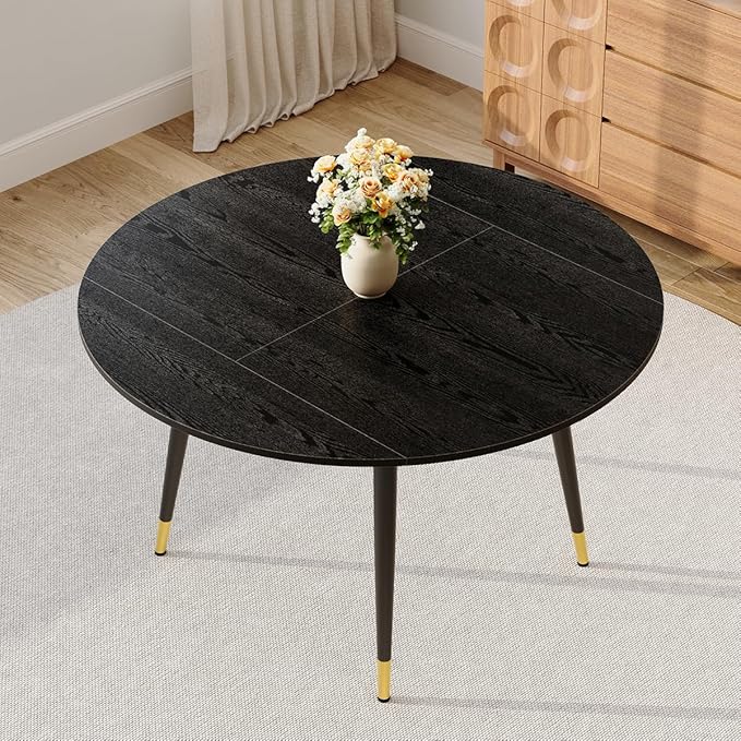 Extendable Dining Room Table｜53” Round Dining Table for 4-6｜Black Wooden Tabletop with Metal Legs｜Stable and Sturdy｜Easy Transform｜Easy Assembly｜Space Saving｜for Kitchen, Living Room