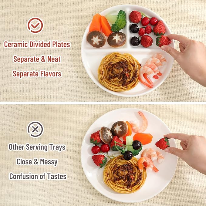 Lounsweer Set of 4 Pcs Portion Control Plate Ceramic Divided Bariatric Plates 3 Compartment Reusable Dinner Plates for Weight Loss Balanced Meal (9.5 Inch)
