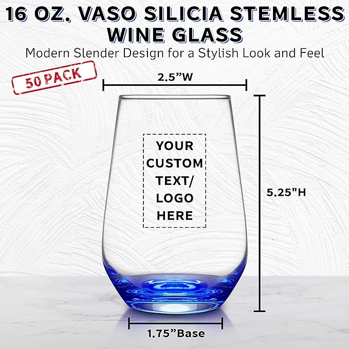 DISCOUNT PROMOS 50 Vaso Silicia Stemless Wine Glasses Set, 16 oz. - Personalized Text, Logo - Clear, Orb-Like, Thick base - Blue