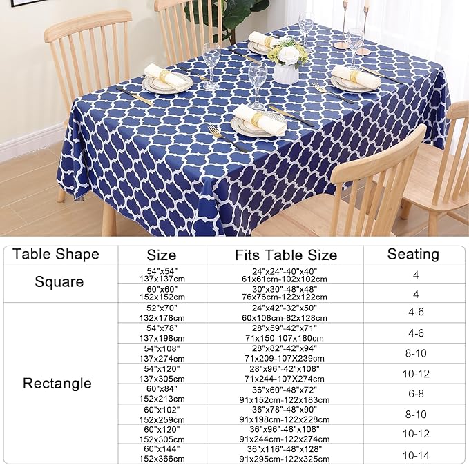 Smiry Rectangle Table Cloth, Waterproof Vinyl Tablecloth with Flannel Backing for Rectangle Tables, Wipeable Spillproof Plastic Tablecloths for Dining, Camping, Indoor and Outdoor (60"x144", Navy)