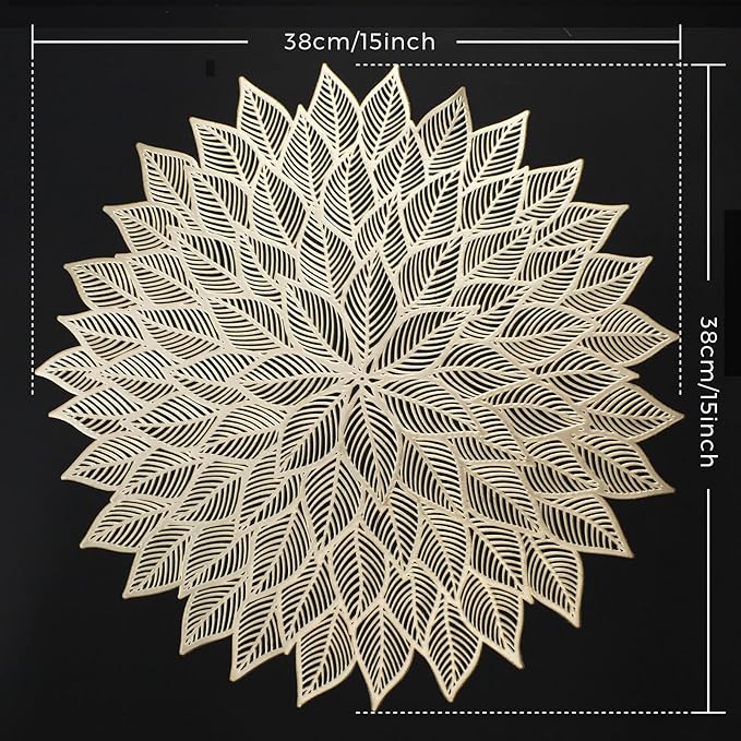 Placemats Set of 6, Round Hollow Out Flowers Place Mats for Dining Table Pressed Vinyl Blooming Leaf Table Mats for Holiday Party Wedding Accent Centerpiece Dinner Decoration (Gold)