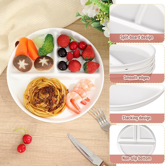 Lounsweer Set of 8 Pcs Portion Control Plate Ceramic Divided Bariatric Plates 3 Compartment Reusable Dinner Plates for Weight Loss Balanced Meal (9.5 Inch)