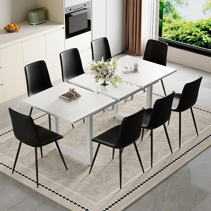 Extendable Dining Table Set for 8, 55"–71" Modern White Kitchen Table with 8 Upholstered Chairs, Space-Saving for Living Room Apartment, Sturdy & Comfortable, Easy Assembly