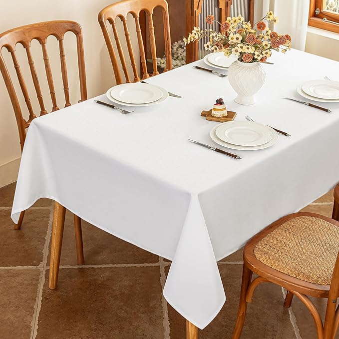 Textured White Fabric Table Cloth Rectangle Spill Proof & Reusable Faux Linen Tablecloth for 8 Foot Rectangular Table Easy Clean for Dining Banquet Wedding 54 x 108 Inch