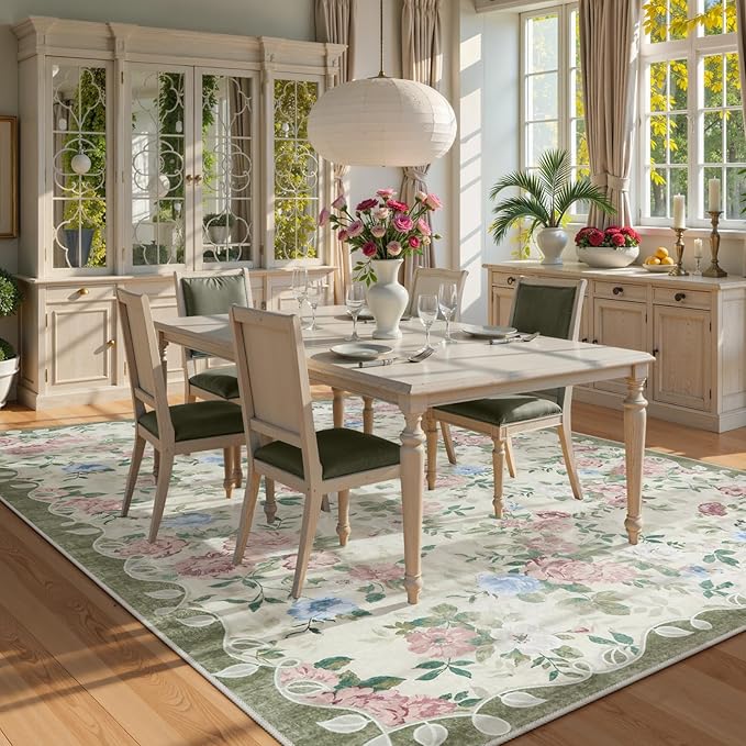Lahome Vintage Floral Area Rugs 8x10,Large Rugs for Living Room Boho Area Rug Machine Washable, Low Pile Bedroom Rugs 8x10 Carpet for Office Rug Playroom Dining Room（Cream/Green）