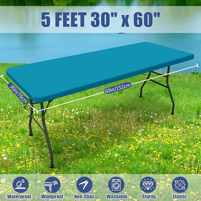 Spandex 5 Foot Rectangle Table Cloth 2 Pack, Elastic Fitted Tablecloths for Picnic, Stretch Washable Patio Table Cover for Outdoor, Camping, Banquet and Parties (Teal, 30"x60")