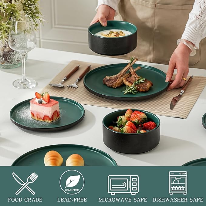 Stoneware Salad Plates Set of 4, 8 Inch Plates for Dessert, Ceramic Plates Sets, Microwave Safe, Dishwasher Safe, Versatile for All Seasons, Matte Green