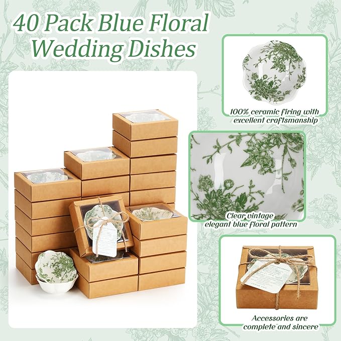 40 Pack Wedding Favors for Guests Small Ceramic Bowls Bulk Gifts Set 3.3 Inch Sage Green Verdure Design Mini Dipping Bowl Sauce Dish with Cards Box for Party Shower Favor Souvenir
