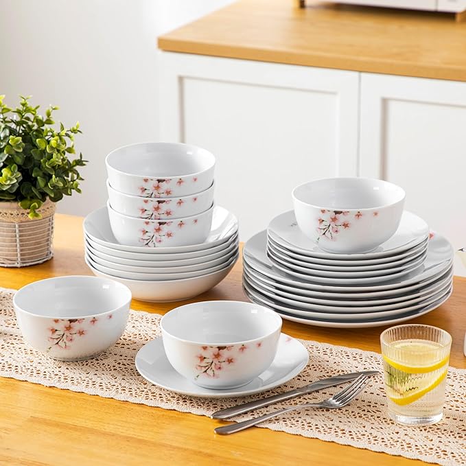 VEWEET Dinnerware Sets for 6, 24 Pieces Porcelain Plates and Bowls Set with Pink Floral, Classic Dishes Set Dining Ware for Dinner, Microwave Dishwasher Safe, Series ANNIE