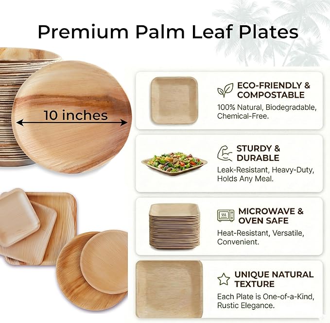 Indie Palm Disposable Palm Leaf Plates – 50 Pack 10 Inch Round – Heavy Duty, 100% Compostable & Biodegradable – Eco-Friendly Alternative to Plastic & Bamboo – Perfect for Parties & Events