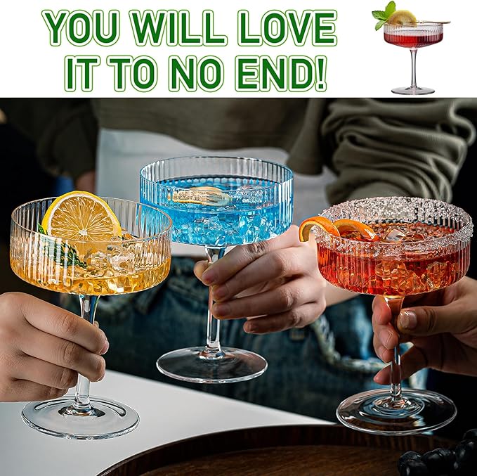 12 Pcs Acrylic Martini Glasses, 10oz Shatterproof Plastic Champagne Tower, Unbreakable Ribbed Coupe Glasses, Stem Cocktail Glassware Set, Manhattan Goblet for Wedding Birthday Party Bar