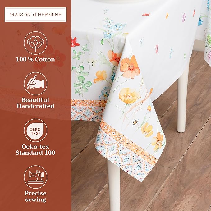 Maison d' Hermine Table Cloth Rectangle Table 100% Cotton 70 x 90 Inches Tablecloth Reusable Decorative for Dining Room Farmhouse Home Valentines Day Decorations Spring Summer - Summer Whisper