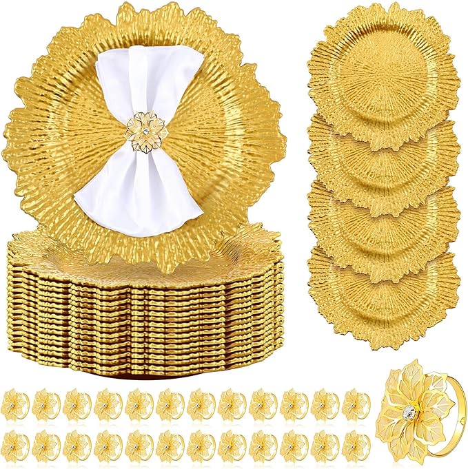 Dandat 48 Pcs Charger Plate Bulk 13'' Floral Reef Plates with Napkin Ring Plastic Dinner Charger Hollow Out Flower Napkin Holder Plastic Plate for Table Setting Wedding Party (Gold)