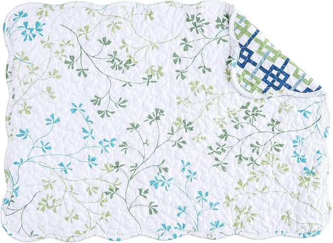 C&F Home Olivia Blue and White Floral Cotton Quilted Reversible Machine Washable Vintage Design Placemat Set 6 Scalloped Edges for Kitchen or Dining Table Rectangular Placemat Set of 6 White