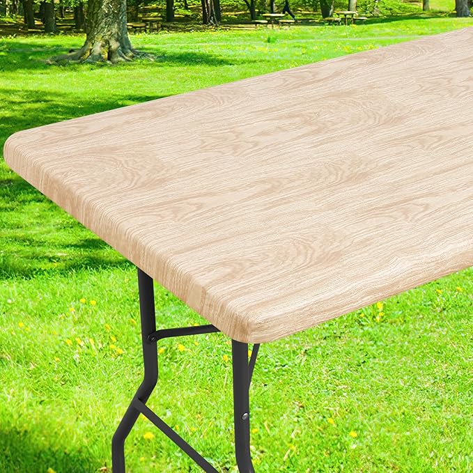 Smiry Rectangle Table Cloth Cover, Waterproof Elastic Fitted Picnic Tablecloth for 5 Foot Tables, Wipeable Flannel Backed Vinyl Tablecloths for Camping, Dining, Outdoor (Beige Wood, 30" x 60")