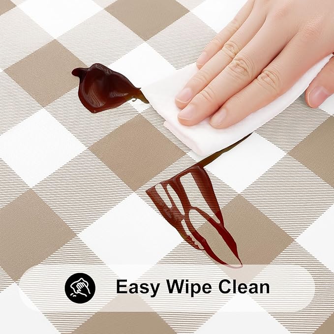 Smiry Rectangle Picnic Table Cloth, Elastic Waterproof Fitted Vinyl Tablecloths, Flannel Backed Buffalo Plaid Table Covers for Dining, Camping, Outdoor (White and Khaki, 30" x 48")