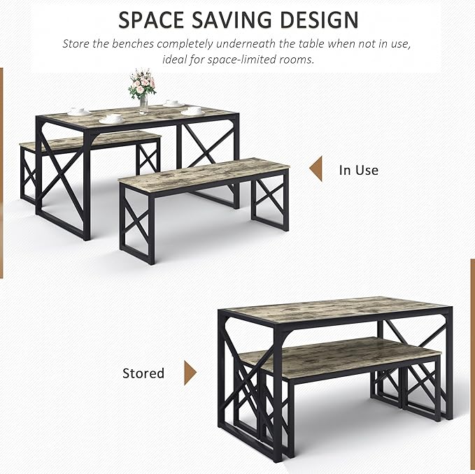 VECELO Kitchen Dining Table Sets for 6, 55" Wood Dinette 2 Benches with Metal Frame for Dinner Breakfast Nook and Small Space, Grey