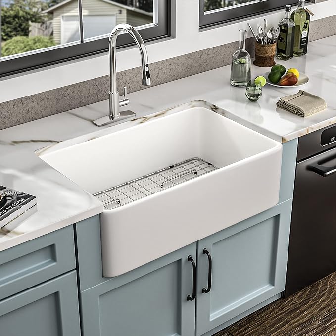 30 White Farm Sink - Fulorni 30"x20" Farmhouse Kitchen Sink Flat Apron Front White Ceramic Porcelain Fireclay Farmer Country Style Single Bowl Basin