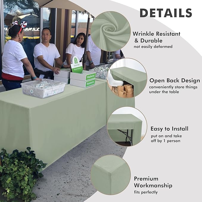 Nasitos 2 Pack Sage Green 8ft Tablecloth Fitted-Open Back Folding Table Cover Washable and Wrinkle Resistant Table Cloth for Trade Show, Book Fair, Career Fair, Convention, Events