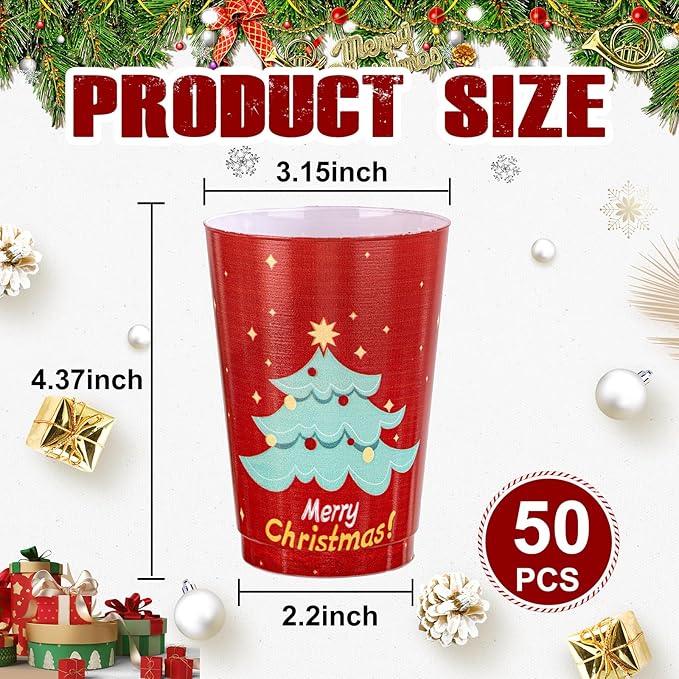 I00000 50Pcs 12oz Christmas Tree Design Christmas Plastic Cups, Premium Disposable Cups Cocktail Cup, Red Xmas Party Cup with Star Pattern Design, Perfect for Xmas Party