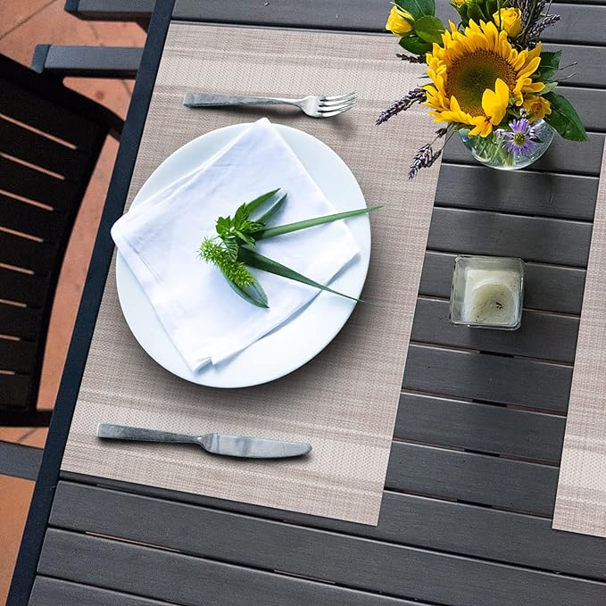 Winknowl Placemats Set of 8, Heat Resistant Non-Slip Vinyl Woven Table Mats for Dining Table, Washable Durable Elegant Place Mats for Kitchen Indoor/Outdoor Use (Beige White)