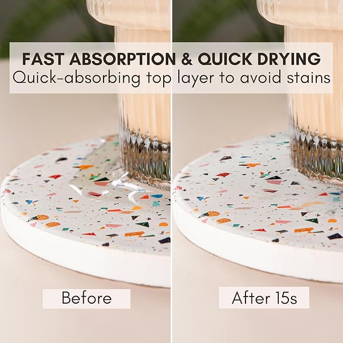 Terrazzo Coasters Set of 6, Ceramic Absorbent Drink Coasters, Cute Moisture Absorbing Coaster, Coffee Table Desk Decor, Colorful Stone Coaster for Drinks (Color Burst)