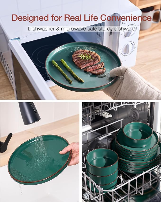 Famiware Nebula Ridge Stoneware Dinnerware Sets for 8, 24 Pieces Plates and Bowls Sets, Dishes Set, Microwave and Dishwasher Safe Kitchen Plates, Dark Green