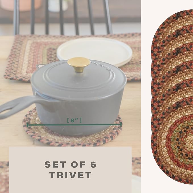 Homespice Gingerbread Jute Braided Kitchen Trivets for Hot Dishes, Warm Country Decor, Set of 6, Brown 8" Round Heat Resistant Mats - Rich Colors, Easy to Clean, Durable and Protects Furniture