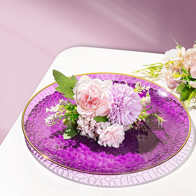 Hioasis 60pcs Purple Plastic Plates - Gold Rimmed Disposable, Hammered, Heavy-duty Dinnerware Set Suitable for 30 Guests, 10.25" Dinner & 7.5" Dessert Plates for Party & Wedding