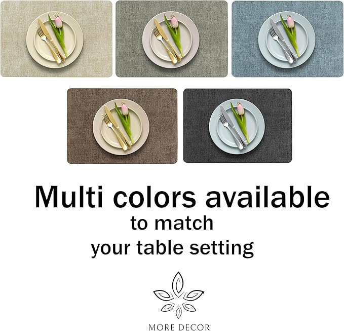 More Décor Faux Leather Placemats Set of 6 for Dining Table – Waterproof, Wipeable, Washable, Stain & Heat Resistant, Non-Slip Table Mats – 12 X 17 Inch, Blue