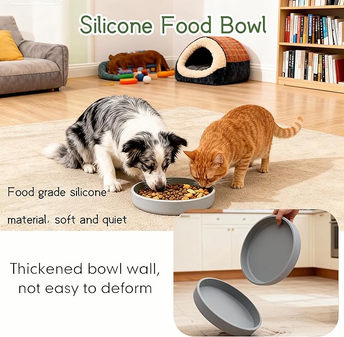 Silicone Cat Bowl Shallow Non-Slip Cat Dishes Set of 2 Relief Whisker Fatigue Small Pet Dog Bowls for Dry & Wet Food (Round Grey)