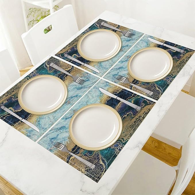 Marble Linen Placemats Set of 4, Modern Luxury Foil Cracked Texture Blue Gold Marble Washable Cloth Place Mats, Non-Slip Dining Table Placemats for Home Kitchen Party Banquets Decor 12x17 Inch