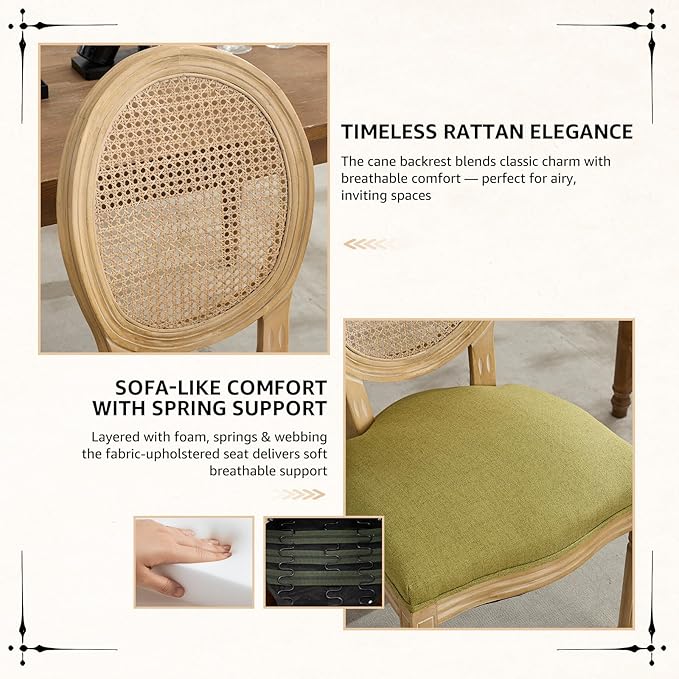 Vintage French Rattan Dining Chairs Set of 2, Round Back Accent Chairs with Rattan Backrest and Upholstered Linen Seat, Solid Frame Wood Sillas de Comedor for Dining Room & Kitchen, Olive Green