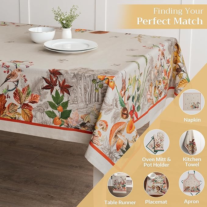 Maison d' Hermine Table Cloth Rectangle Table 100% Cotton 70 x 140 Inches Fall Tablecloth Reusable Everyday Use for Thanksgiving Christmas Decorations Dining Farmhouse Party (Recolte)