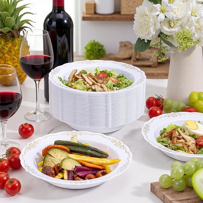 DaYammi 50 Pack Plastic Bowls with Gold Rim, 12oz Disposable Soup Bowls, Heavy Duty Dinner Bowls for Weddings,Gold Disposable bowl for Parties, Dinners, Catering and Everyday Use