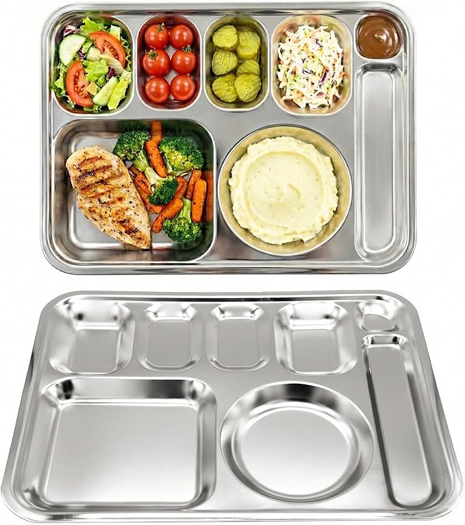 Korean Stainless Steel Divided Plates with Cutlery Slot for Adults, Premium 304, Electro-Polished, No Black Residue, BPA-Free, XL 8-Compartment Food Tray, Camping, Set of 2