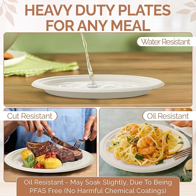 Heavy Duty Eco-Friendly PFAS-free Compostable Plates, 10 Inch Disposable Plates - Sugarcane Party Plates [Round, 75 Pack] | 100% Bagasse Biodegradable (White)