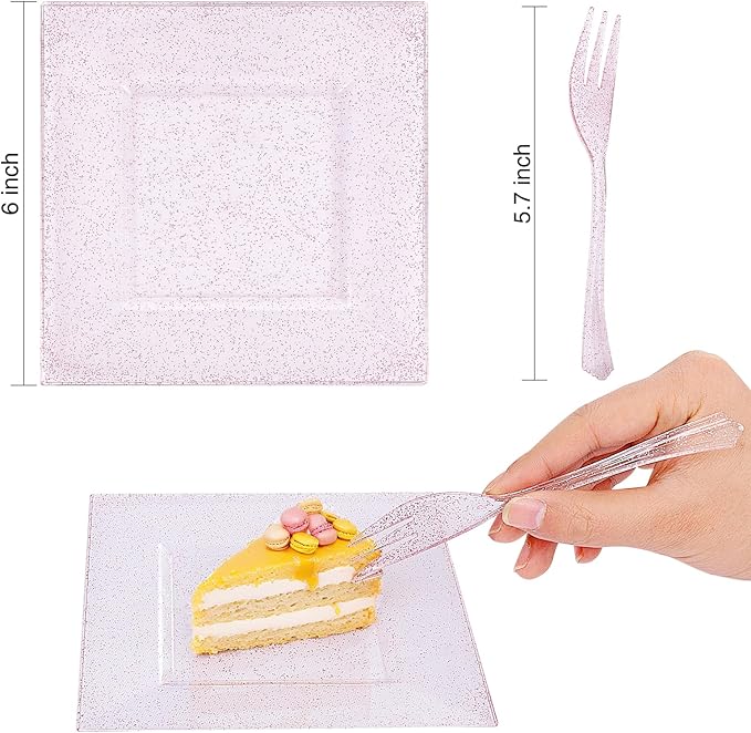 DaYammi 200 Pcs Pink Dessert Plates Including 100Pcs Appetizer plates 6'',100Pcs Plastic Forks 5.7'',Rose Glitter Plastic Square Plate for Wedding,Pink Cake plates and forks for Valentine's Day Party