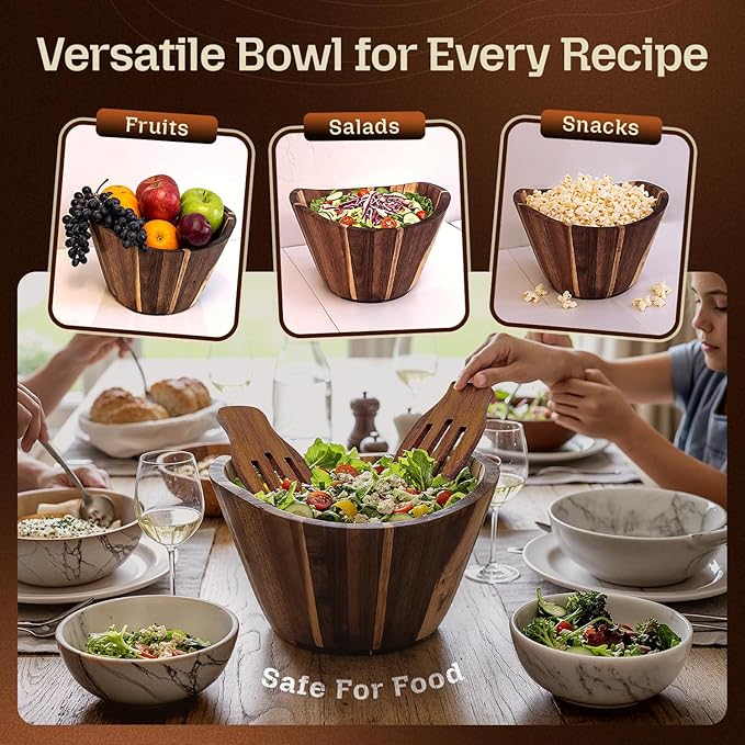 Acacia Wood Salad Bowl Set with Serving Hands, 10” Diameter, 6” Height - Handmade, Large Serving Bowl for Salad, Fruit & Pasta - Durable Natural Brown Serveware Gift, Modern Geometric Design