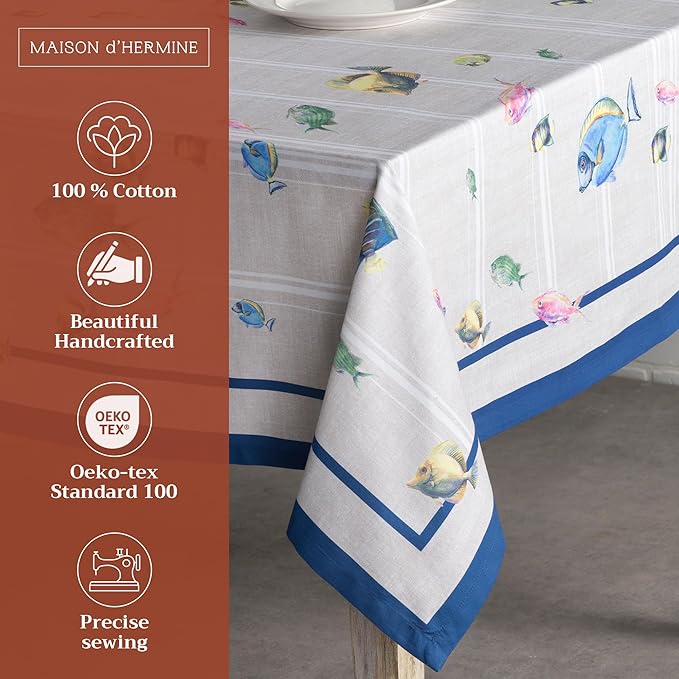 Maison d' Hermine Table Cloth Square Table 100% Cotton 54 x 54 Inches Tablecloth Reusable Decorative for Dining Room Farmhouse Home Valentines Day Decorations Spring Summer - Poisson