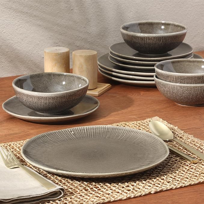 Gibson Elite Sandy Pines Stoneware Plates and Bowls Set - 12 Piece Reactive Glaze Dinnerware Set - Service for 4 - Dishwasher and Microwave Safe - Brown