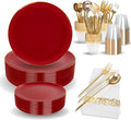 MirthMood 210pcs Red Plastic Plates,Disposable Red Gold Party Plates,Include 30 Dinner,Dessert Plate,30 Cup&30 Napkins, 90 Gold Silverware for Wedding & Party & Birthday（Plum Red）