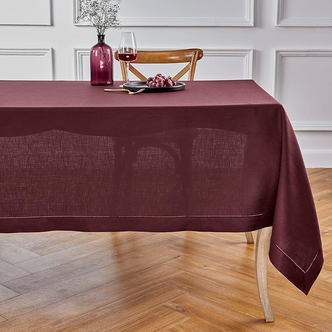 Solino Home Linen Burgundy Tablecloth 60 x 120 Inch - Classic Hemstitch, 100% Pure Linen Rectangular Tablecloth - Machine Washable Table Cloth for Winter, Valentines