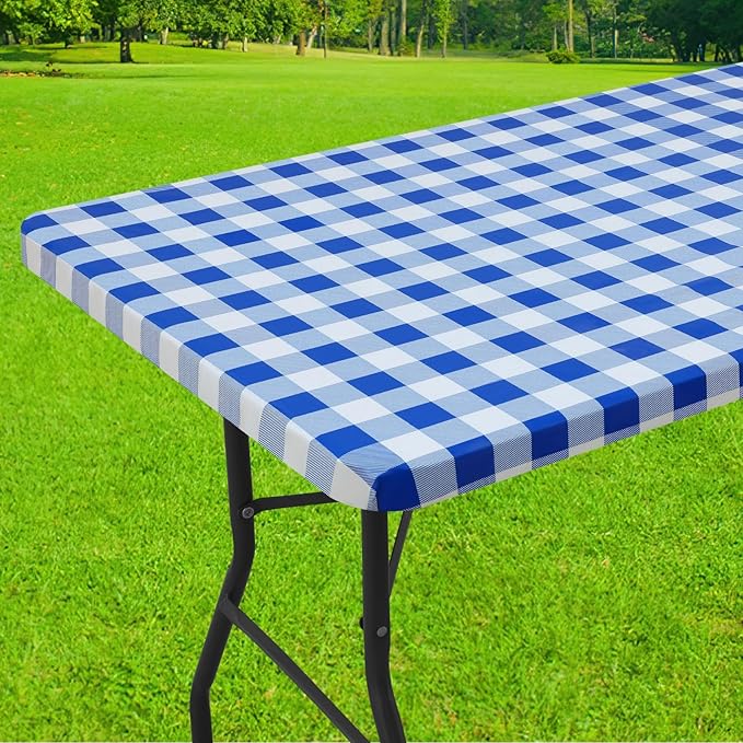 Smiry Rectangle Picnic Table Cloth, Elastic Waterproof Fitted Vinyl Tablecloths, Flannel Backed Buffalo Plaid Table Covers for Dining, Camping, Outdoor (White and Blue, 36" x 96")
