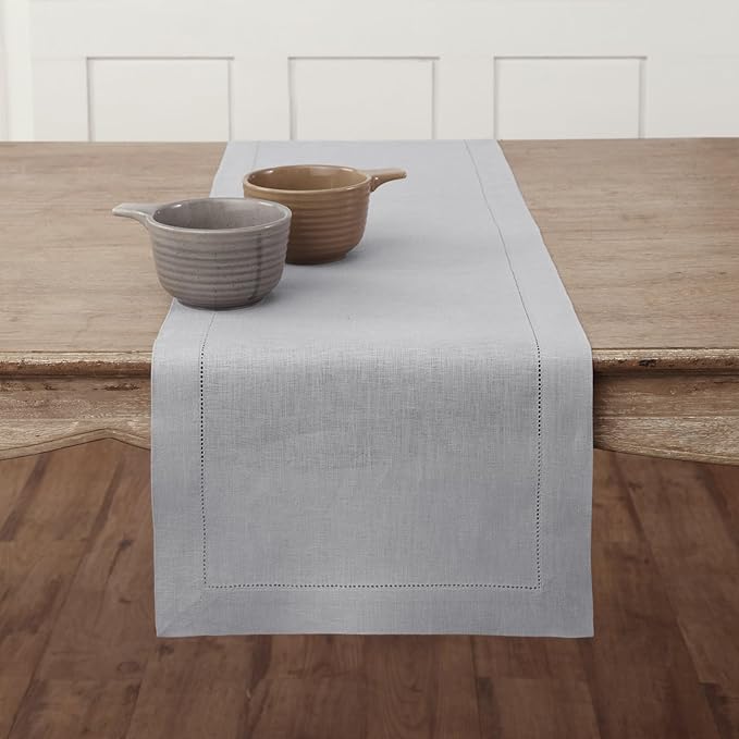 Solino Home Linen Soft Grey Table Runner 48 Inches - Classic Hemstitch, 100% Pure Linen Coffee Table Runner 14 x 48 Inch Ideal for Dresser Tables - Winter, Spring, Easter