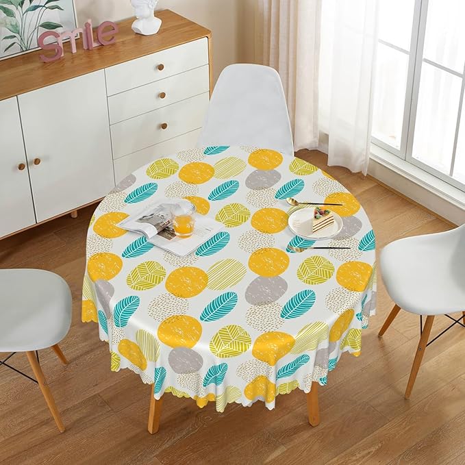 Laeacco 60 Inch Geometric Round Tablecloth Colorful Abstract Oval Leaf Pattern Modern Art Print Table Cloth Washable Waterproof Wrinkle Free Table Cover for Kitchen Dining Picnic Party Decoration