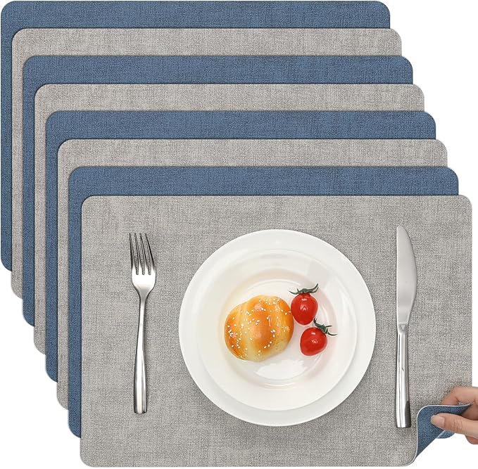 Myir JUN Reversible Vinyl Placemats Set of 8, Faux Leather Place Mats Dual Sided Waterproof Wipeable, Heat-Resistant Table Mats for Kitchen Dining Indoor Outdoor (12" x 17", Light Gray Navy Blue)