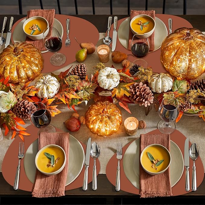 Faux Leather Fall Placemats Set of 6 Wipeable Washable Place Mats for Round Table Table Mats for Kitchen Dining Patio, Heat Resistant Easy to Clean Oval Brown Placemat